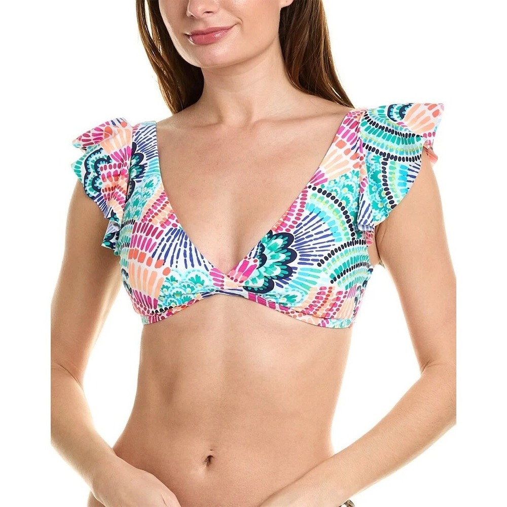LA BLANCA V-Neck Ruffle Sleeve Bikini Top Tie Back Multi Color Print Size 12